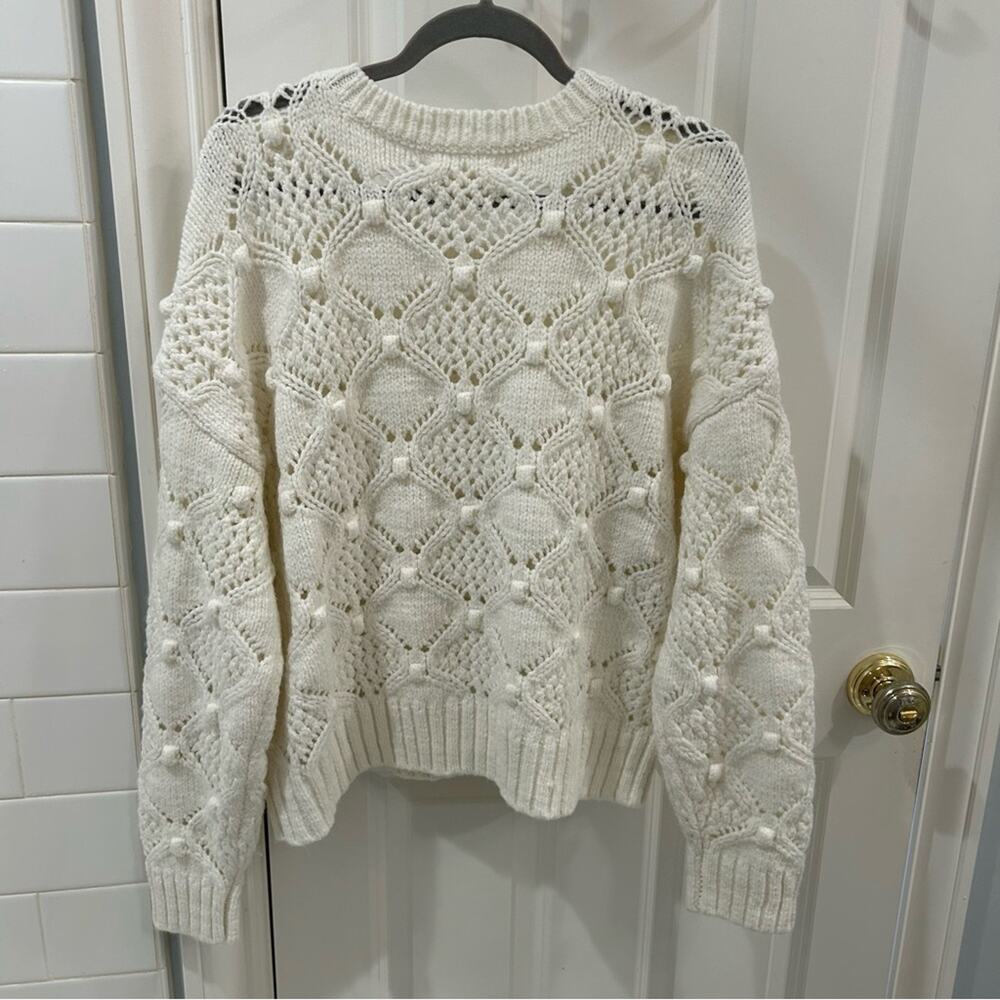 Lucky Brand Ivory Diamond Open Knit Bobble Chunky Crewneck Sweater White Sz XL - Picture 5 of 15
